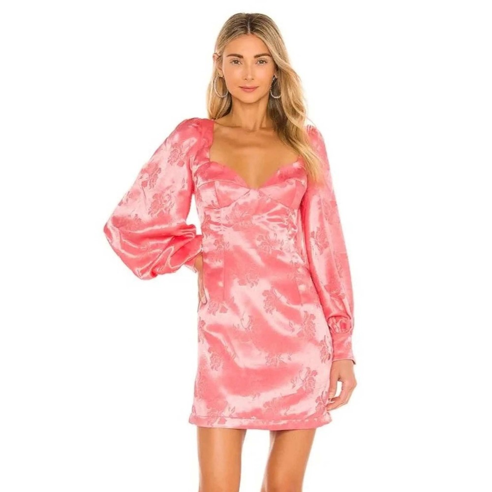 Bardot Mini Dress Womens US 8 Medium Coral Pink Floral Jacquard Balloon Sleeve